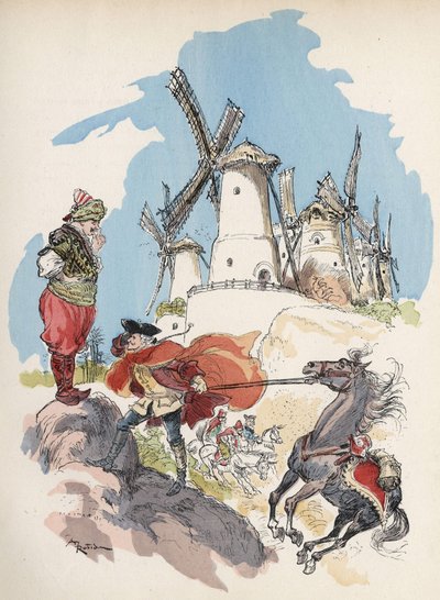 El Barón de Munchausen acaba de cruzar la frontera egipcia y es atrapado en una tormenta provocada por una gran figura para hacer funcionar los 7 molinos. Ilustración de Albert Robida - en “Historia y Aventuras del Barón de Munchausen”, H. Laurens Ed., fin de Albert Robida