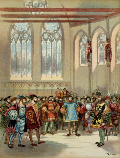 El heraldo de Borgoña, enviado por Carlos V (1500-1558), fue recibido por Francisco I (1494-1547) en el gran salón del Parlamento en París, primera mitad del siglo XVI de Albert Robida