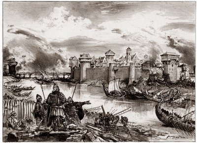 Los vikingos, piratas normandos comandados por su jefe Sigfrido, sitian París (grabado) de Albert Robida