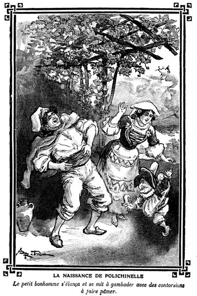 El nacimiento de Polichinela. Dibujo de Albert Robida (1848-1926) en un libro de lecturas infantiles 1920-1930. de Albert Robida