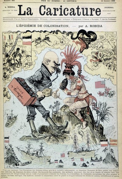 La epidemia de colonización: dibujo anticolonialista por Robida - en "La Caricature" del 31/10/1885 de Albert Robida
