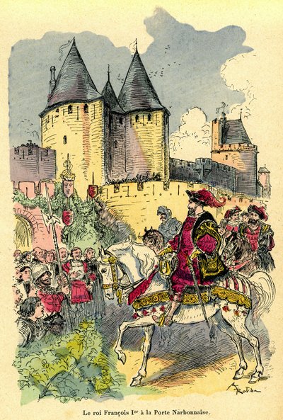 El rey de Francia François 1er llegando a caballo delante de la Cite de Carcassonne, Porte Narbonnaise. Ilustración de Albert Robida (1848-1926): frontispicio del libro "Le tresor de Carcassonne" primera edición H. Laurens 1921. de Albert Robida