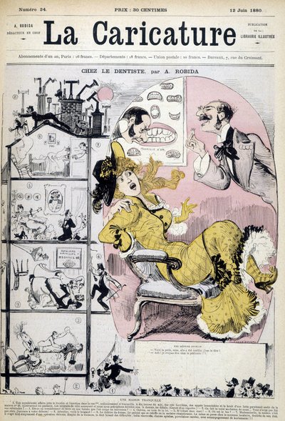 Mujer en el dentista - por Robida, en "La caricatura" del 12/06/1880 de Albert Robida