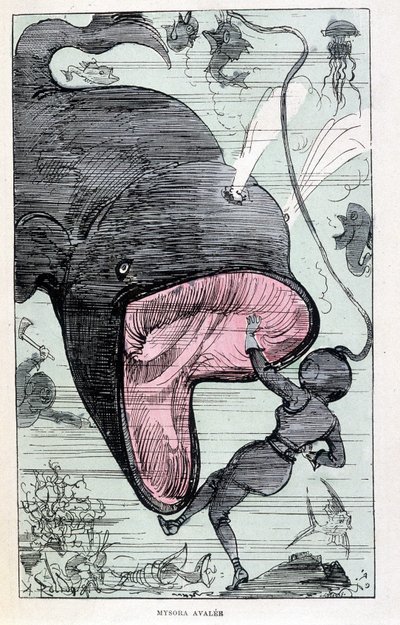Mujer en un escafandro siendo tragada por una ballena, parodia de Jules Verne, “Viajes muy extraordinarios de Saturnin Farandoul en 5 o 6 partes del mundo y en todos los países conocidos o desconocidos por M. Jules Verne” por Robida, París de Albert Robida