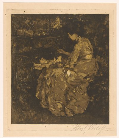 Mujer dando de comer papilla a un niño en una cuna de Albert Roelofs (signed by artist)