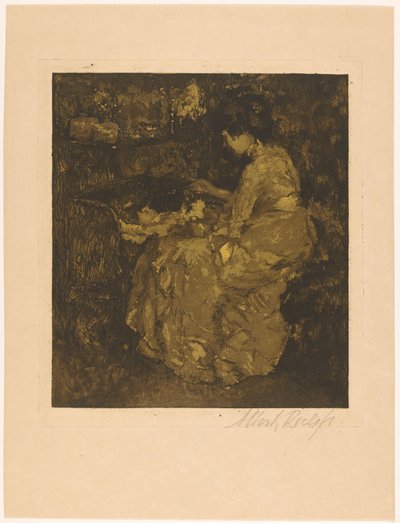Mujer dando de comer papilla a un niño en una cuna de Albert Roelofs (signed by artist)