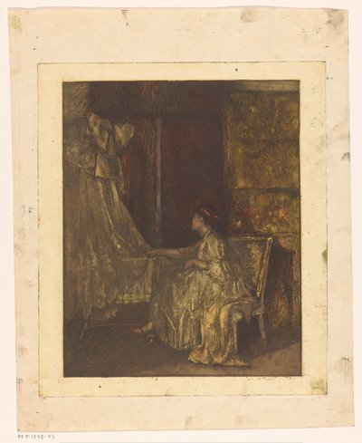 Mujer sentada en una silla junto a una cuna de Albert Roelofs