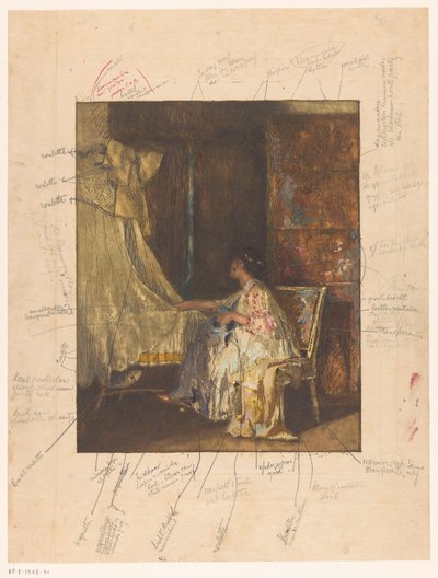 Mujer sentada en una silla junto a una cuna de Albert Roelofs