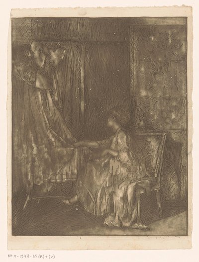 Mujer sentada en una silla junto a una cuna de Albert Roelofs