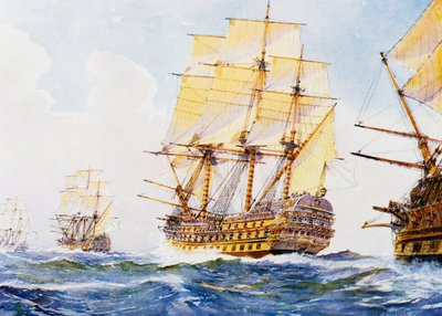 Barcos del siglo XVIII en fila india amurados a estribor, acuarela de Albert Sebille (1874-1953), siglo XX de Albert Sébille