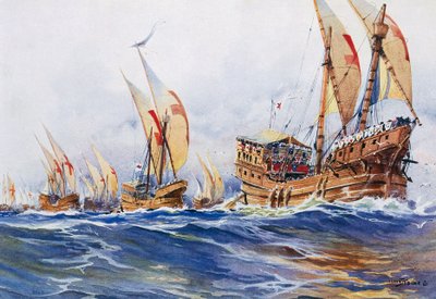 Barcos franceses del rey Luis IX durante la octava cruzada en 1268, acuarela de Albert Sebille (1874-1953) de Albert Sébille