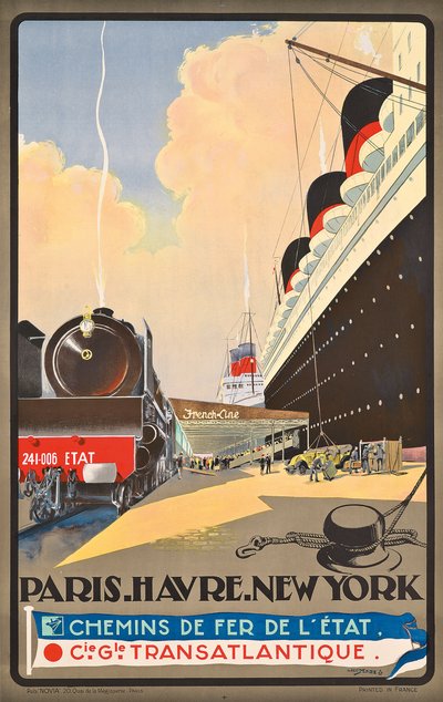 Cartel publicitario de viajes de la compañía naviera Compagnie Generale Transatlantique, c.1930 (litografía en color) de Albert Sébille