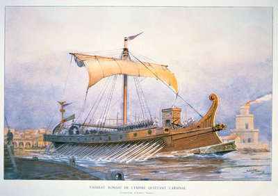 Barco imperial romano saliendo del puerto, c.1930 (litografía en color) de Albert Sébille