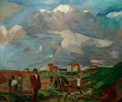 Casas suburbanas (con personas y rebaño de ovejas) de Albert Weisgerber