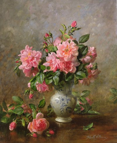 Rosas en un jarrón azul y blanco de Albert Williams