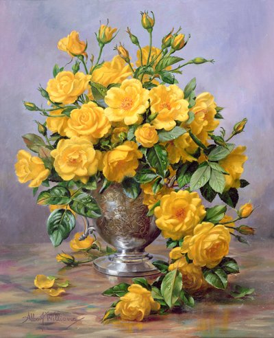 Sonrisa brillante - Rosas en un jarrón de plata de Albert Williams