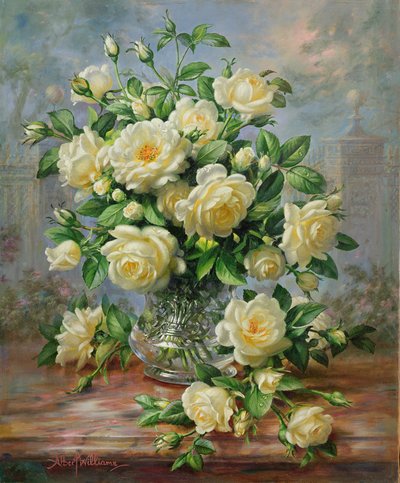 Rosas Princesa Diana en un jarrón de cristal tallado de Albert Williams