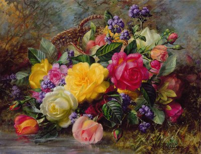 Rosas junto a un estanque en una orilla herbosa de Albert Williams