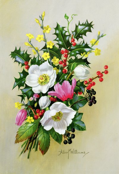 Rama de escaramujo, acebo, muérdago y delphinium de Albert Williams
