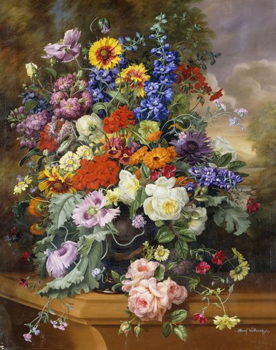 Naturaleza muerta con rosas, delfinios, amapolas y caléndulas en un borde de Albert Williams