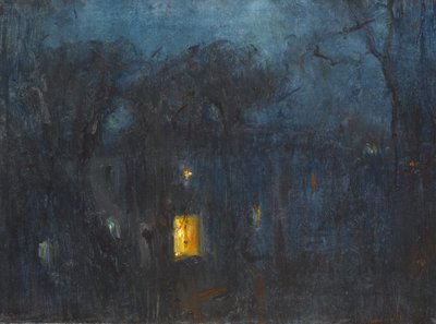 Casa de noche con una ventana iluminada de Albert de Belleroche