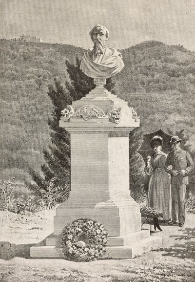 Monumento a Paolo Giacometti (1816-1882) en el cementerio de Staglieno, Génova, Italia, grabado a partir de un dibujo de Alberto della Valle, de L