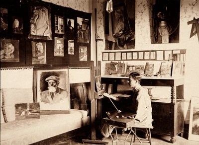 El artista Guglielmo Ghini en su estudio, Ponte a Vingone, Scandicci, Florencia, 09/1920 de Alberto Fierli