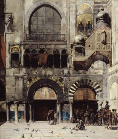 Caballería circasiana esperando a su oficial al mando en la puerta de un monumento bizantino, Memoria de Oriente, 1880 de Alberto Pasini