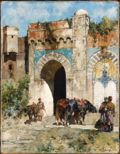 Abrevando los caballos, 1880 de Alberto Pasini