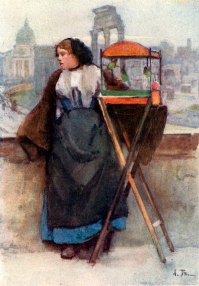 Niña vendiendo pájaros en la Via del Campidoglio de Alberto Pisa