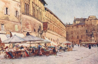 Plaza del Mercado, Perugia (litografía en color) de Alberto Pisa