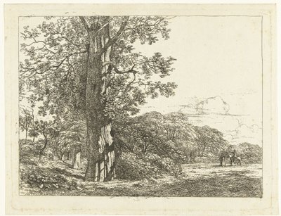 Paisaje con gran haya y jinete en conversación con el hombre. de Albertus Brondgeest