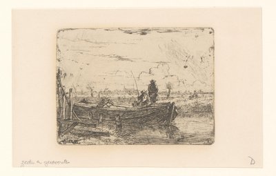 Paisaje de pólder con dos hombres en un barco de Albertus Brondgeest