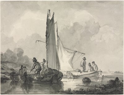 Paisaje fluvial con pescador y tres barcos de Albertus van Beest