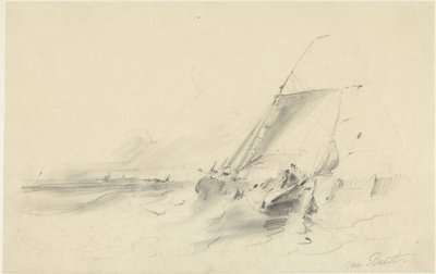 Paisaje marino con barcaza en aguas turbulentas de Albertus van Beest