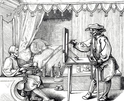 Grabado en madera que representa a un artista usando una ayuda para dibujar para obtener las proporciones correctas de un retrato. Grabado por Albrecht Dürer (1471-1528) un pintor, grabador y teórico alemán del Renacimiento de Albrecht (after) Durer or Duerer