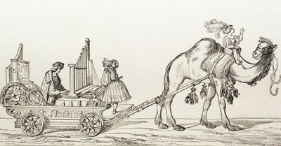 El organista Paul Hoffaner tocando en un carruaje tirado por un camello, c.1880 (grabado) de Albrecht (after) Durer or Duerer