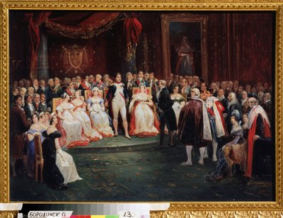 ""La recepción del emperador Napoleón Bonaparte (1769-1821)"": Georges Cuvier (1769-1832), de pie frente a Napoleón, fue nombrado Caballero de la Legión de Honor el 26 de noviembre de 1803. Entre los presentes en la habitación, podemos señalar: Madame de S de Albrecht Adam