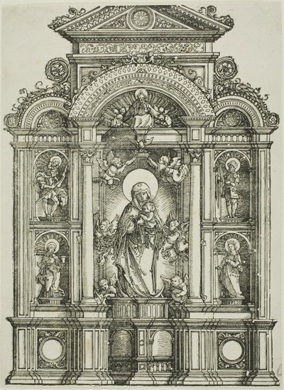 Retablo con la bella Virgen de Ratisbona y los santos Cristóbal, María Magdalena, Florián y Catalina de pie en nichos, con Dios Padre encima de Albrecht Altdorfer