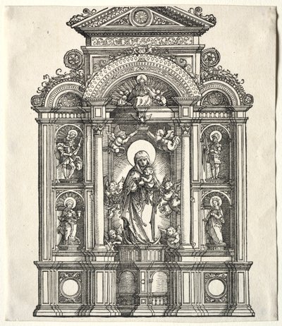 Gran altar con la Virgen, en un borde con San Cristóbal, San Jorge, Santa Bárbara, Santa Catalina, 1520 de Albrecht Altdorfer