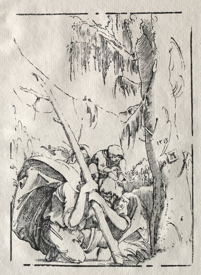 San Cristóbal cruzando el agua con Cristo en sus hombros de Albrecht Altdorfer