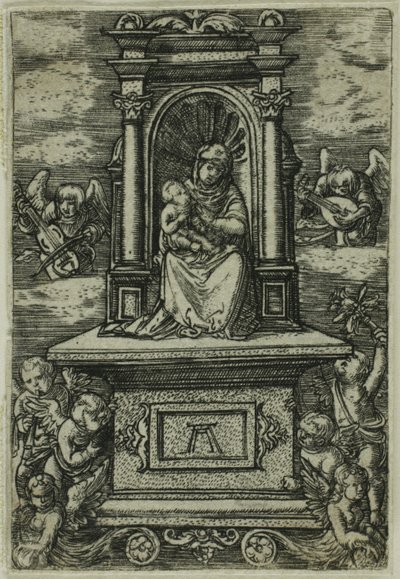 La bella Virgen de Ratisbona con el Niño en el trono, rodeada de ángeles con instrumentos musicales de Albrecht Altdorfer