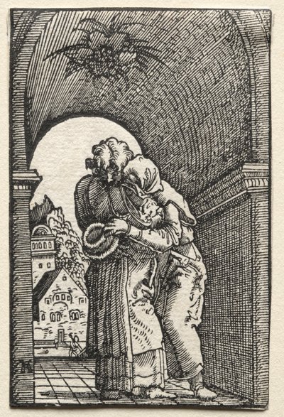 La caída y redención del hombre: El abrazo de Joaquín y Ana en la Puerta Dorada, 1515 de Albrecht Altdorfer