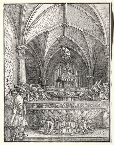 La Sagrada Familia en la huida a Egipto en una fuente de Albrecht Altdorfer