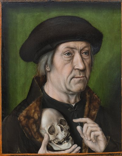 Autoretrato avec un crane - Autorretrato con calavera, de Bouts, Aelbrecht (Albert) (1451/54-1549). Óleo sobre madera, c. 1520. Dimensión : 42,6x33 cm. Museo Nacional Brukenthal, Sibiu de Albrecht Bouts