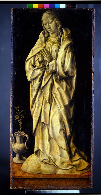 Antiguamente las alas de un tríptico, una pareja, Figuras femeninas personificando la sabiduría y la generosidad, con la anunciación (panel; en grisalla verso) de Albrecht Bouts