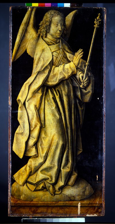 Antiguamente las alas de un tríptico, una pareja, Figuras femeninas personificando la sabiduría y la generosidad, con la anunciación (panel; en grisalla verso) de Albrecht Bouts