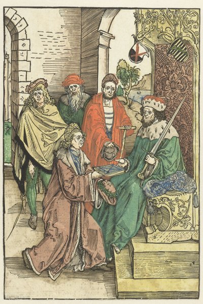 Conrad Celtis ofrece a Federico III el Sabio, Elector de Sajonia, un libro con las obras de Roswitha de Gandersheim de Albrecht Dürer (attributed to)