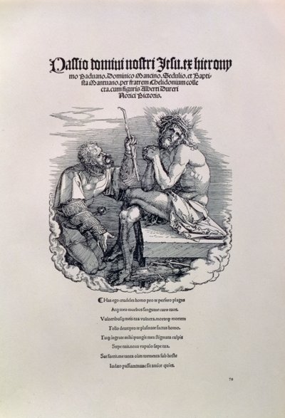 Un soldado romano burlándose de Cristo, con el nombre del artista en latín arriba y abajo un poema que reprende al hombre por sus pecados, portada de la serie La Gran Pasión, pub. 1511 de Albrecht Dürer