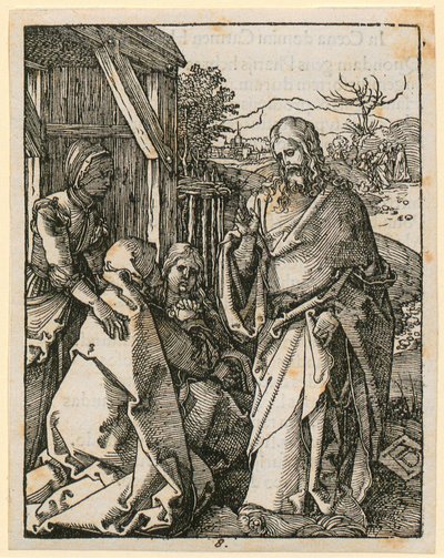 Despedida de Cristo de su madre, lámina 8 de la serie «Pequeña Pasión en xilografía» de Albrecht Dürer